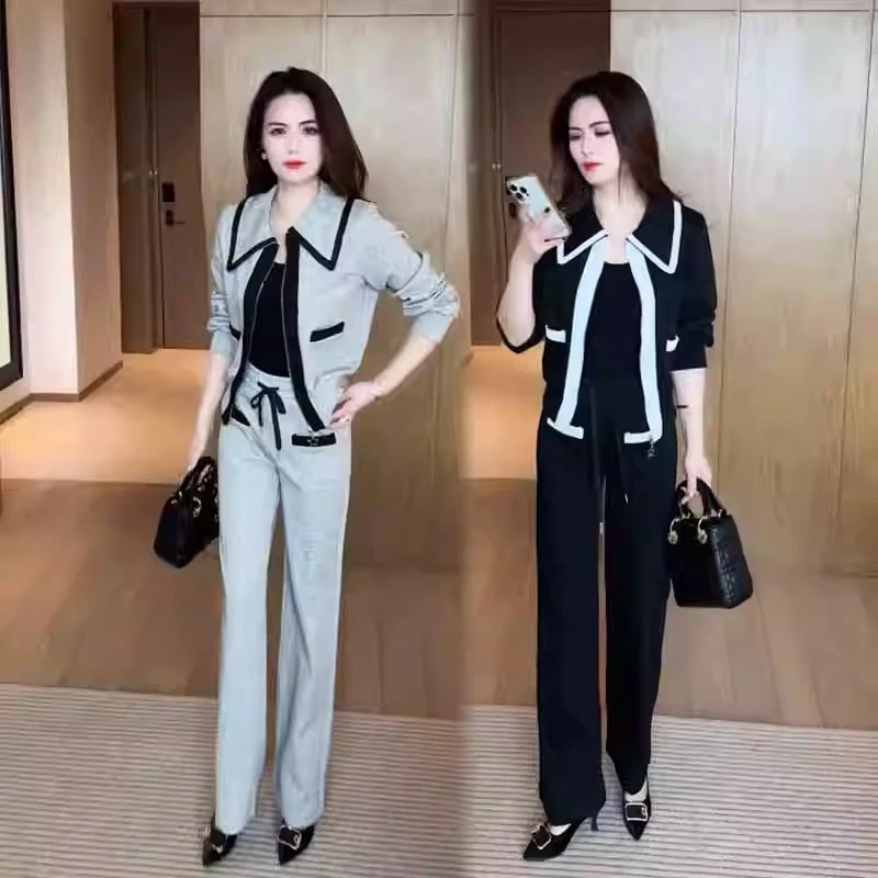 时尚休闲套装女2025春季新款时髦洋气娃娃领外套阔腿裤运动两件套