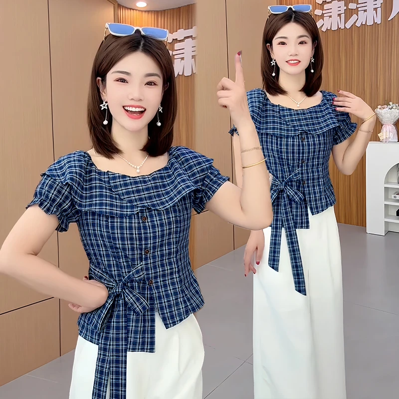 设计感小众休闲套装女2026夏季新款通勤外穿方领上衣阔腿裤两件套