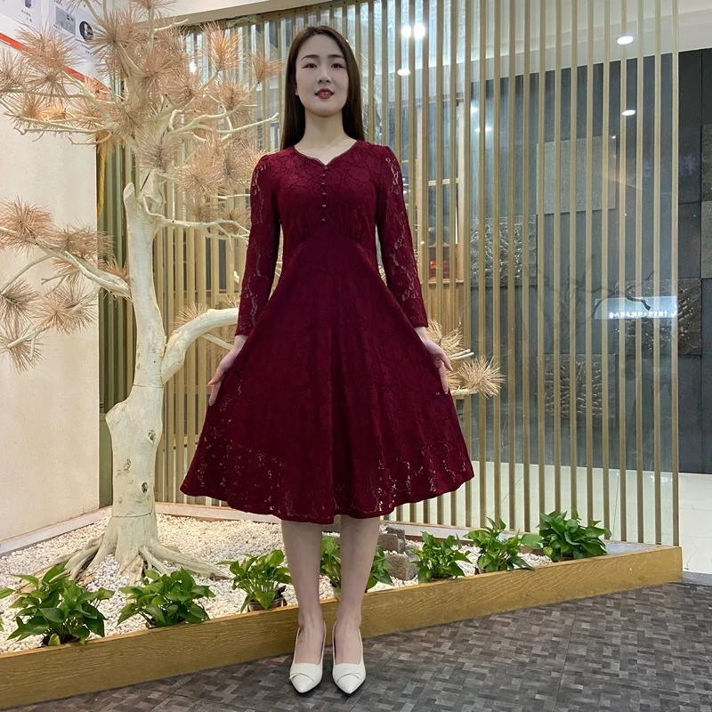2025春季新款女装长袖蕾丝连衣裙 女洋气V领修身显瘦气质中长裙子