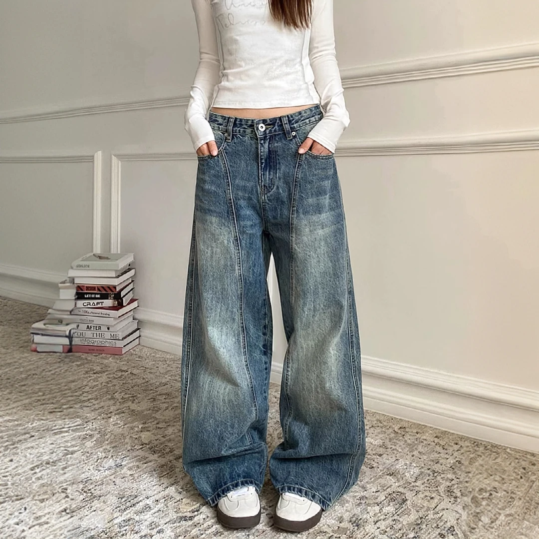 300斤大码女装美式复古弯刀牛仔裤女胖mm高腰显瘦直筒拖地长裤子