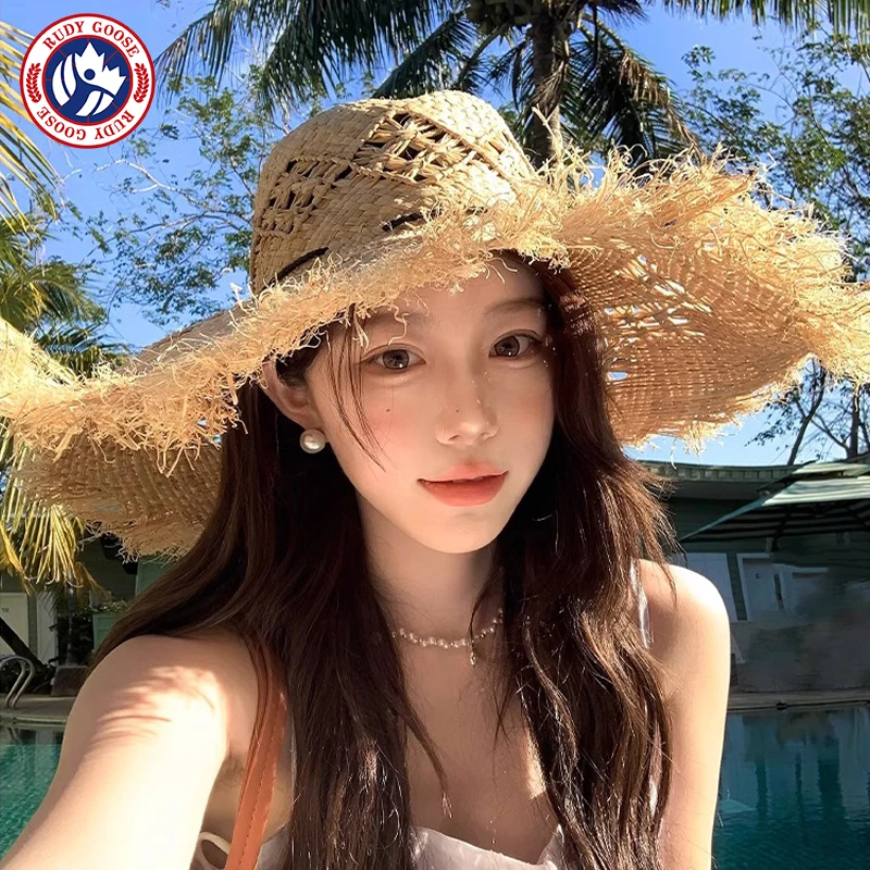 RUDY GOOSE镂空拉菲草帽女夏季海边沙滩度假拍照大檐防晒遮太阳帽