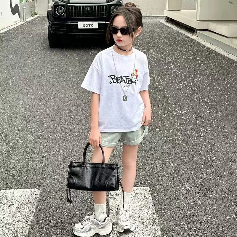 A067男女童短袖T恤夏季儿童潮牌中大童印花半袖体恤