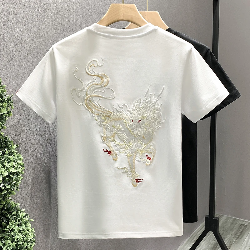 哈逊梅奈高级感欧货男T恤短袖重工麒麟刺绣潮流轻奢夏季半袖上衣