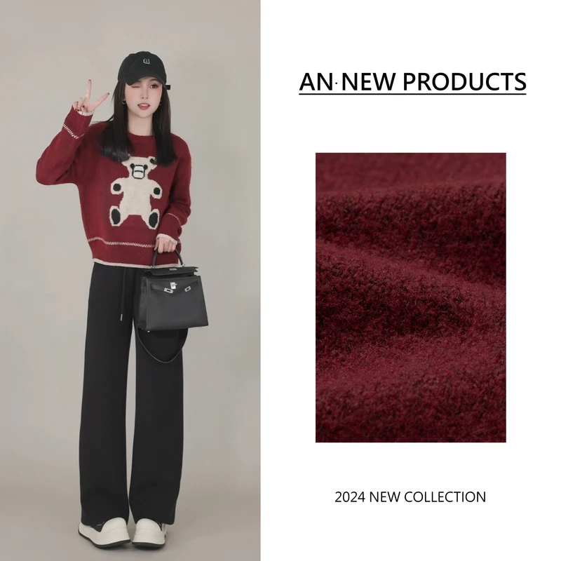 【右岸冬日】B11188冬季新款时尚复古提花小熊气质百搭套头针织毛衣