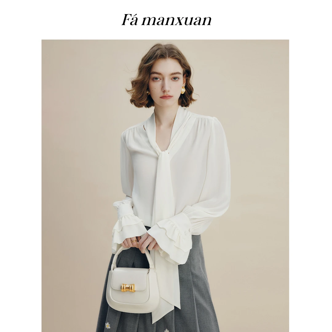 【达人专属】法曼萱超长飘带领荷叶袖衬衫女2025秋上衣CY3255