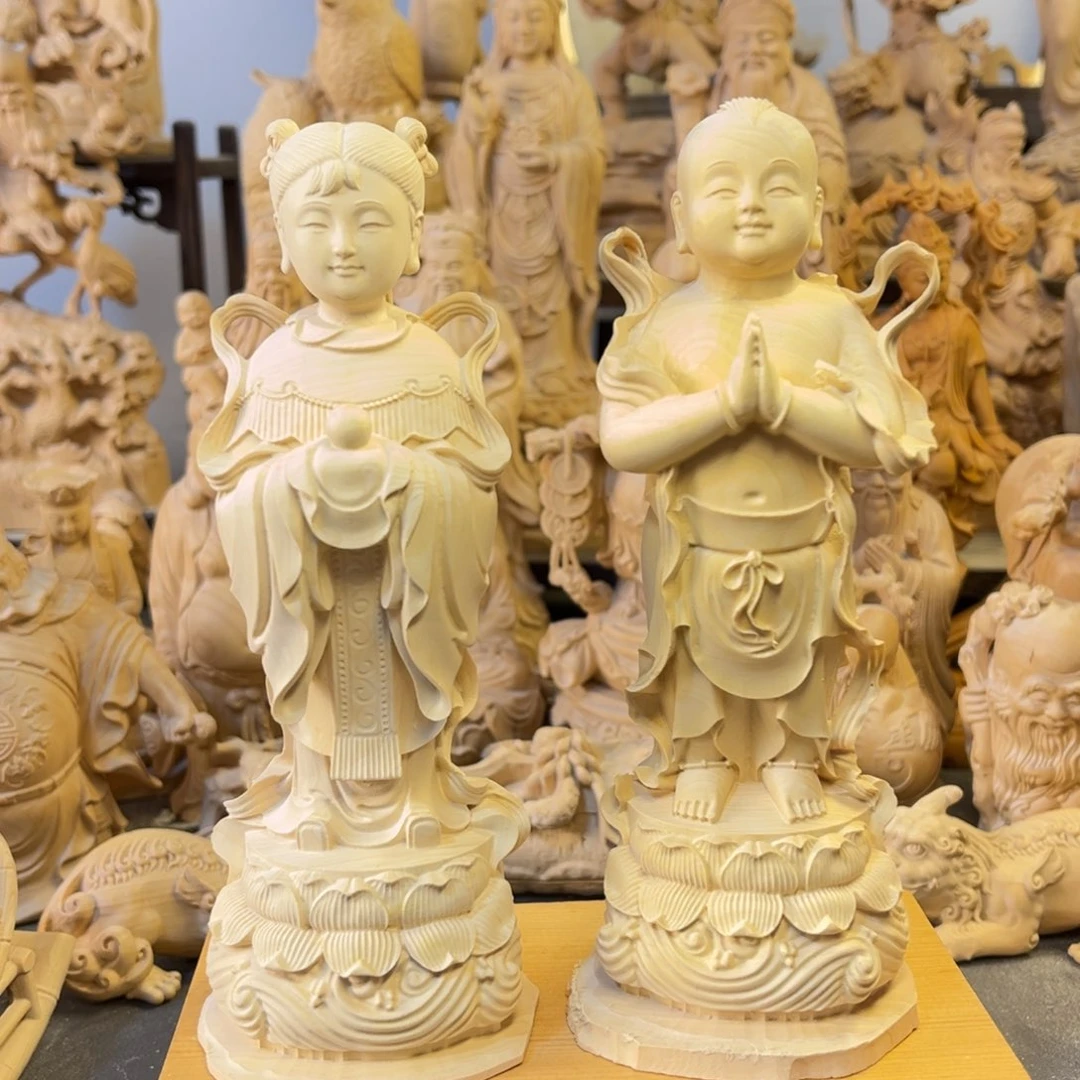 没***）木大叶黄杨木15高金童玉女摆件