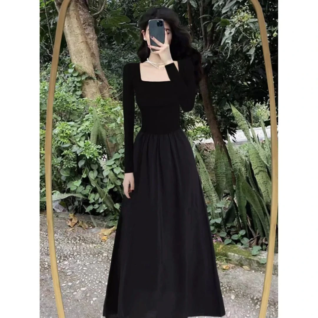 风黑色连衣裙女秋款长袖高端精致显瘦法式高级感品瘦长裙