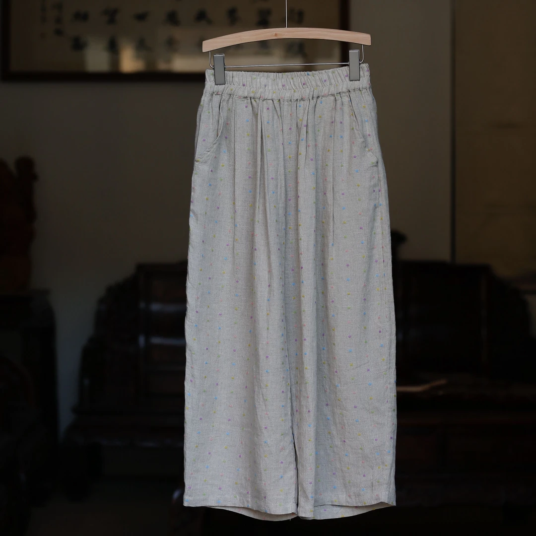 如素慢衣文艺透气简约百搭彩点亚麻休闲裤36414