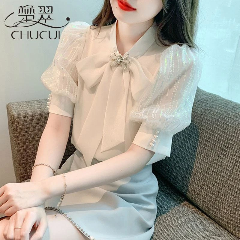 雪纺短袖高档衬衫时尚夏季减龄洋气小衫新款爆款恤衫泡泡袖上衣