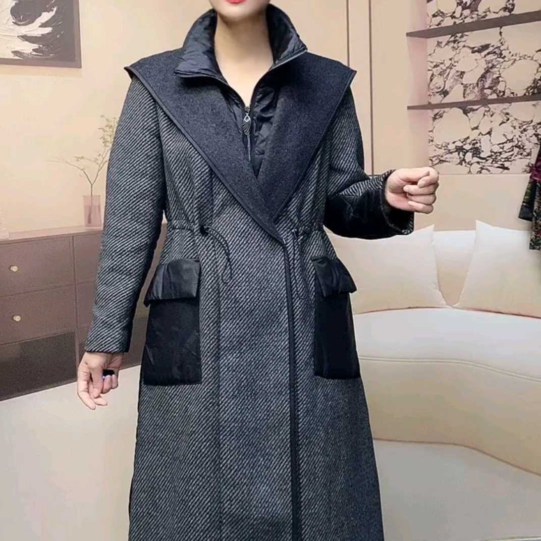 时尚潮流女装假两件加厚连帽大衣外套