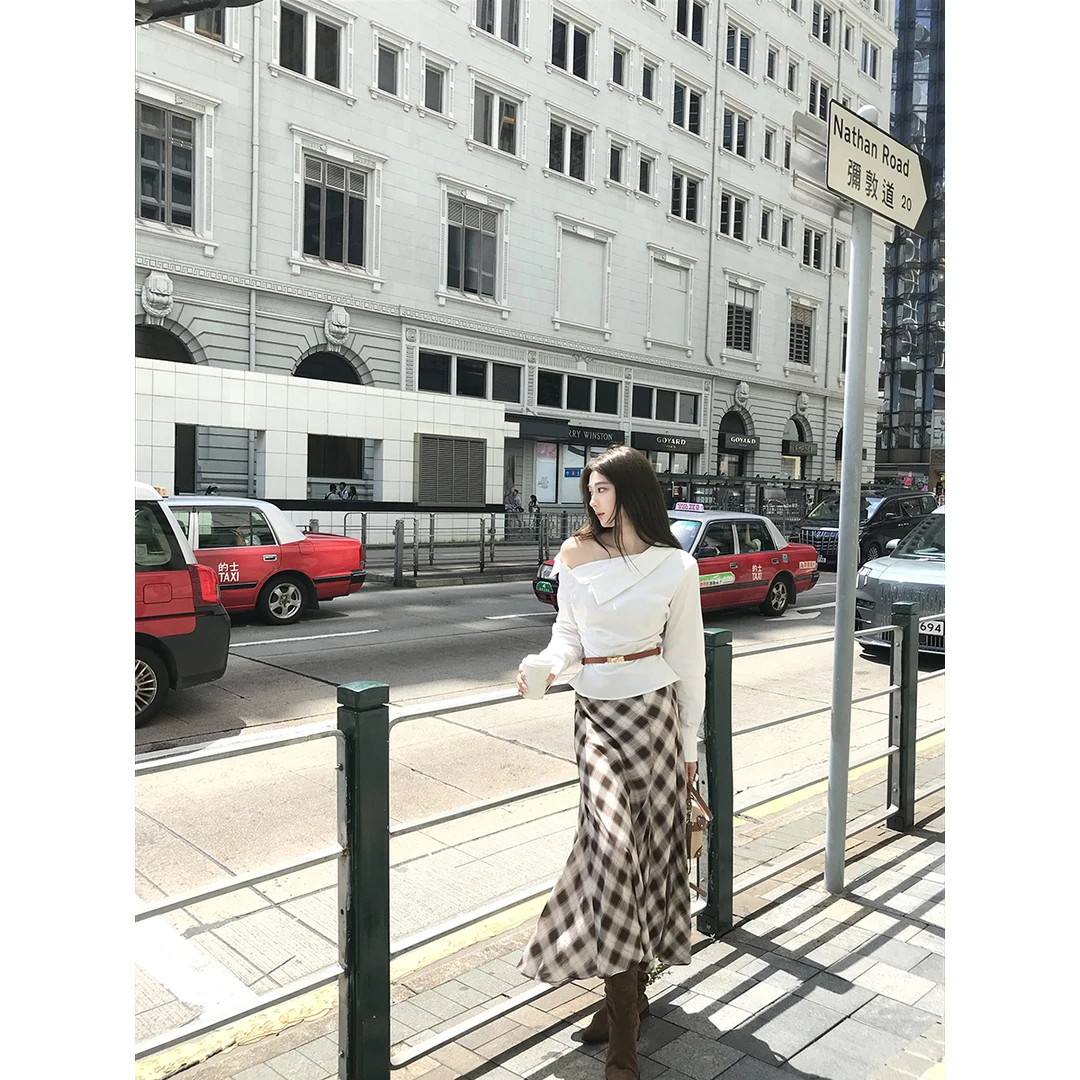 安酒月【可露丽】高级感天丝羊毛复古格纹半身裙韩系休闲长款裙子