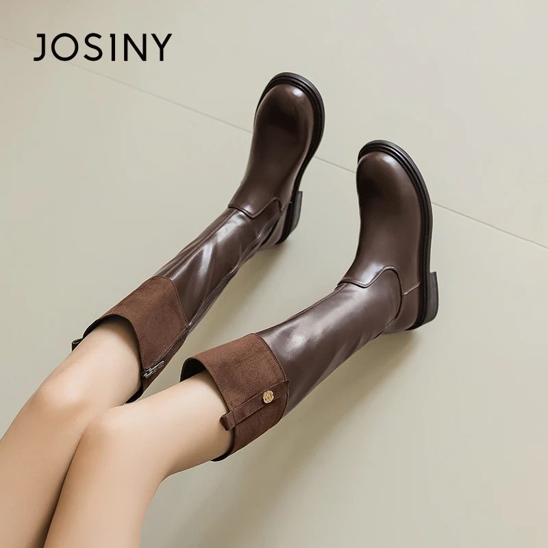 卓诗尼长靴女2024秋冬季新款圆头高筒粗跟弹力瘦瘦靴加绒骑士靴