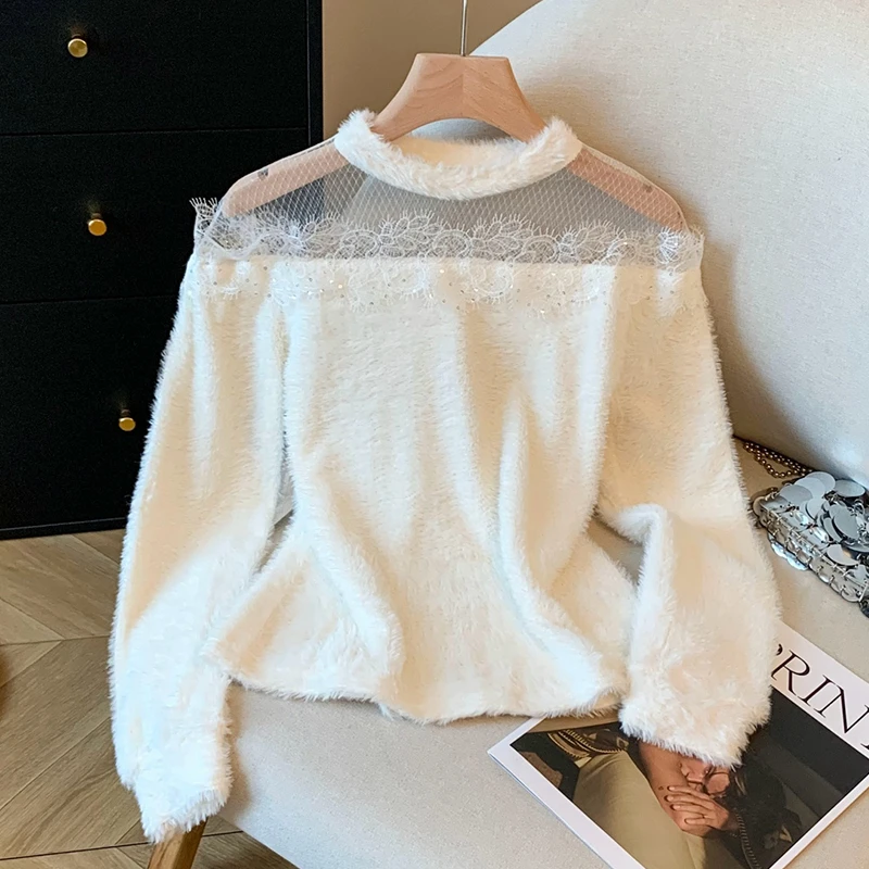 法式温柔风蕾丝拼接毛衣女2025新款秋冬季高级百搭针织衫打底上衣