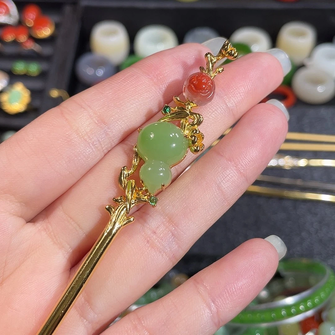 和田玉（碧玉）银S925镶嵌发饰碧玉果绿葫芦款