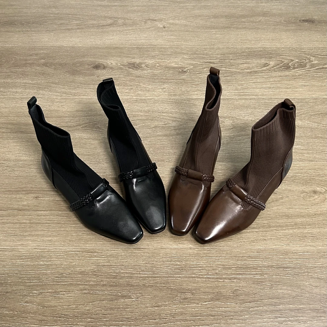 Dannyfrey时尚拼接头层牛皮弹力瘦瘦靴秋冬新款英伦袜靴显瘦短靴