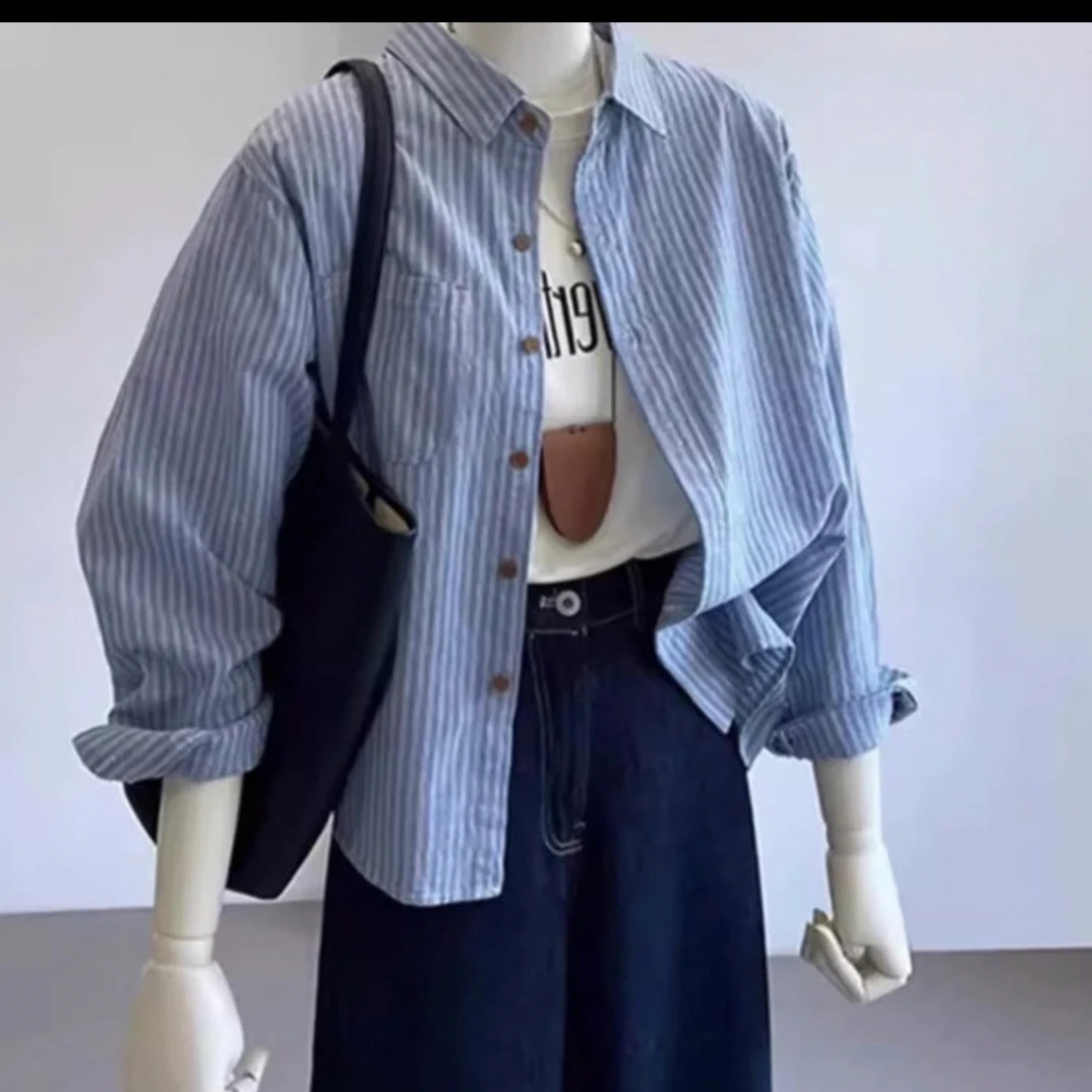 2025早秋季新款高级感轻奢洋气复古港风宽松条纹女士衬衫长袖衬衣