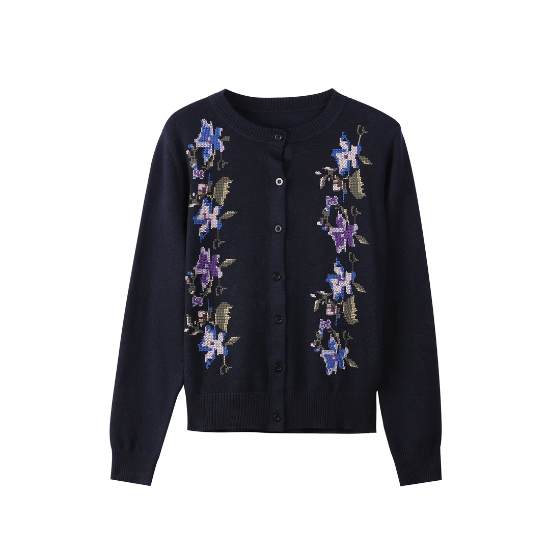 蓝色鸢尾优雅气质刺绣针织衫开衫1927