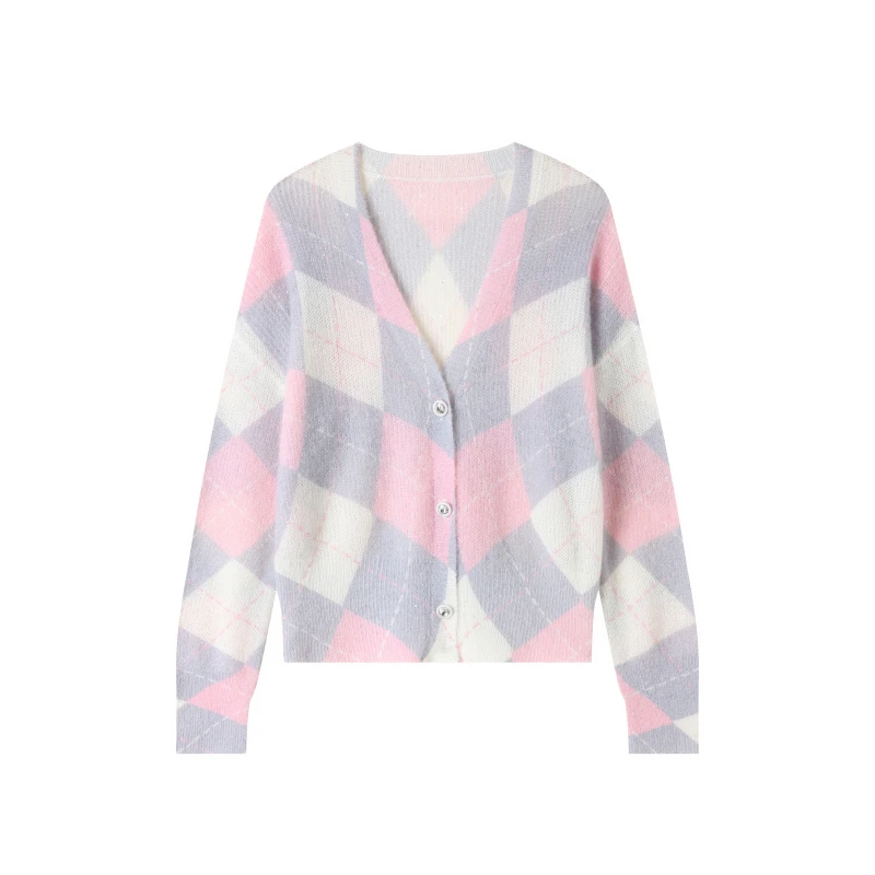 2025时尚春夏绵羊毛羊驼毛印花渐变V领长袖百搭薄款开衫针织衫