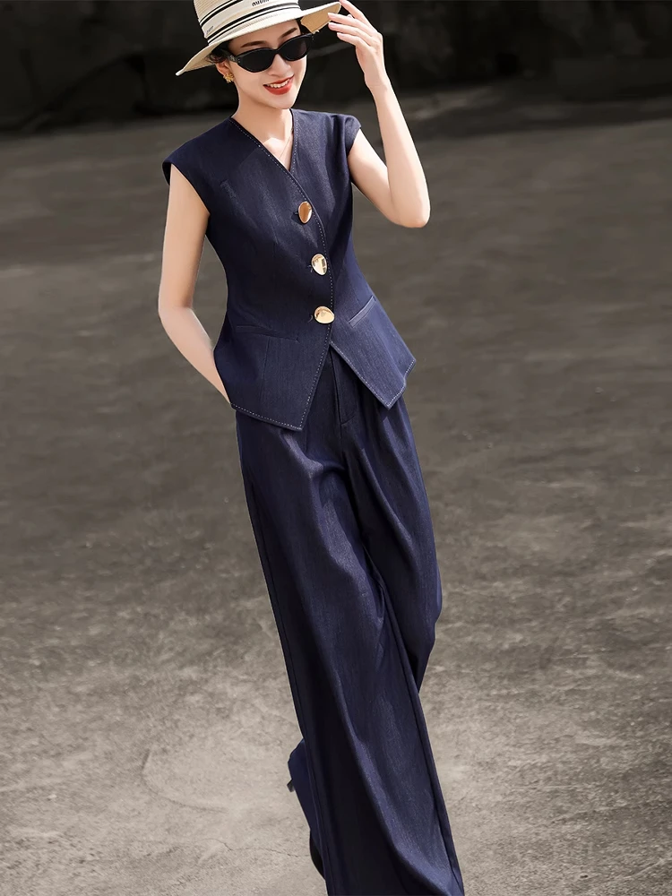 2025夏季新款气质显瘦高级感无袖V领马甲上衣高腰阔腿裤套装女