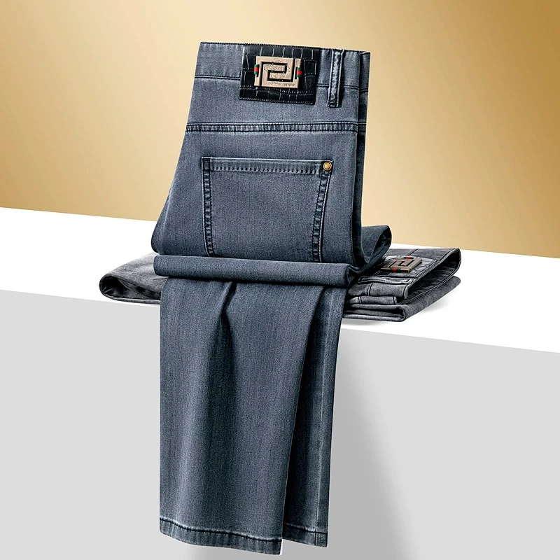 蓝色冰丝牛仔裤男士2025新款修身直筒男裤夏季薄款休闲百搭裤子男