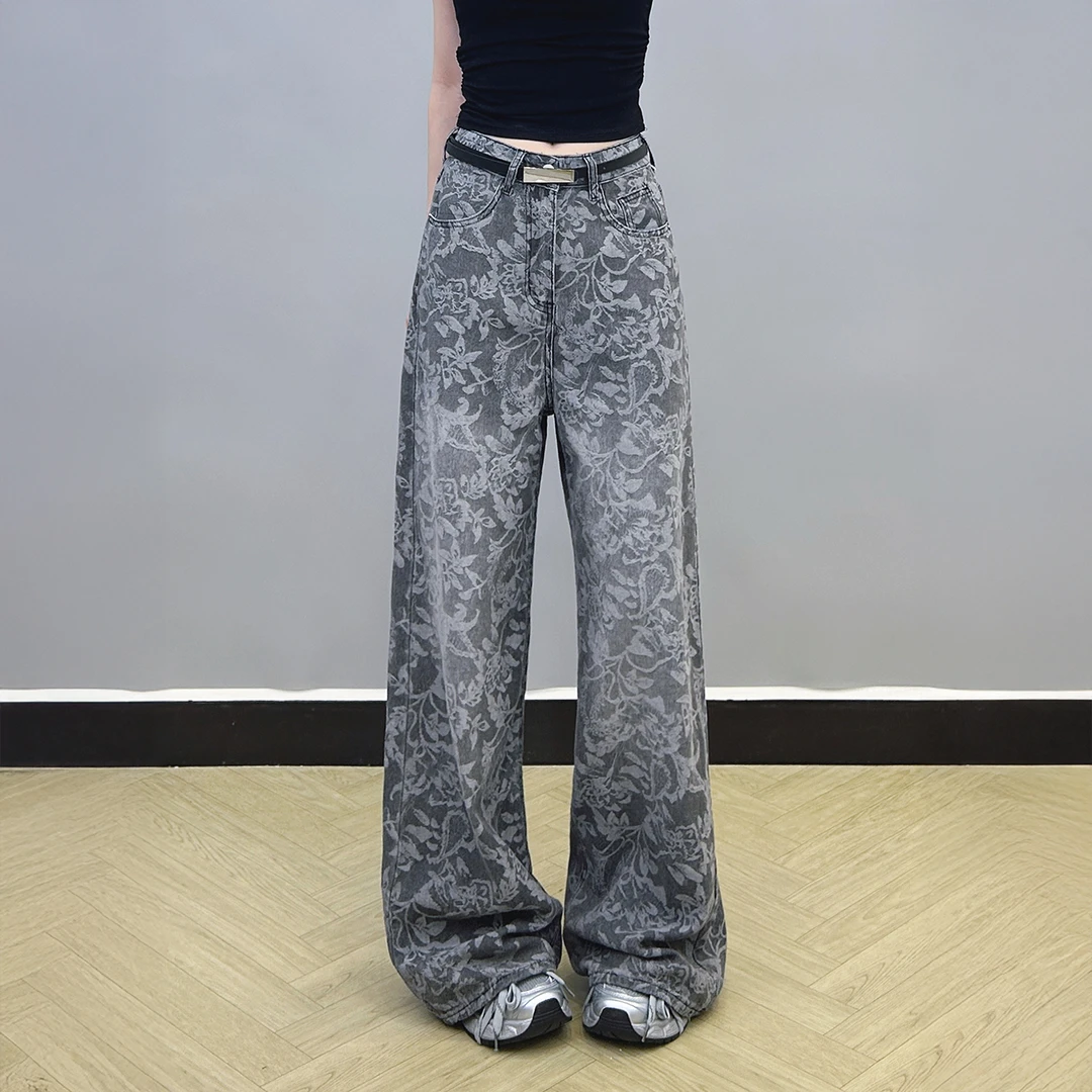 高腰直筒腰果花提花牛仔裤子女2025夏季新款设计感宽松百搭阔腿裤