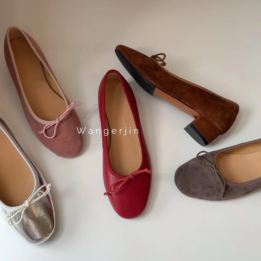 【六呈六】羊皮/4.5CM/韩系休闲蝴蝶结玛丽珍浅口法式芭蕾舞单鞋女