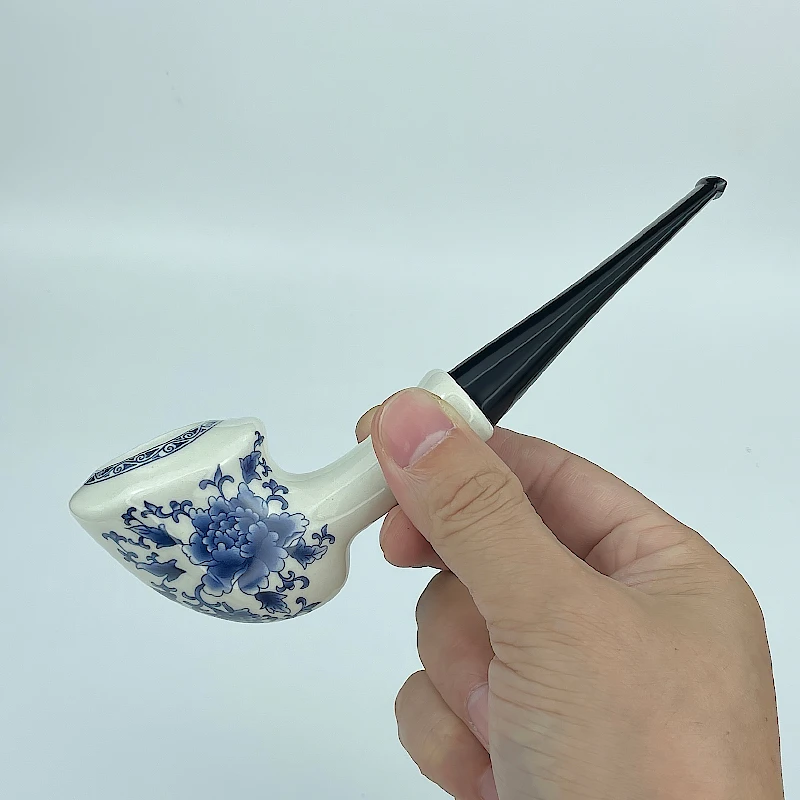 老式复古青花陶瓷烟斗直式大气室