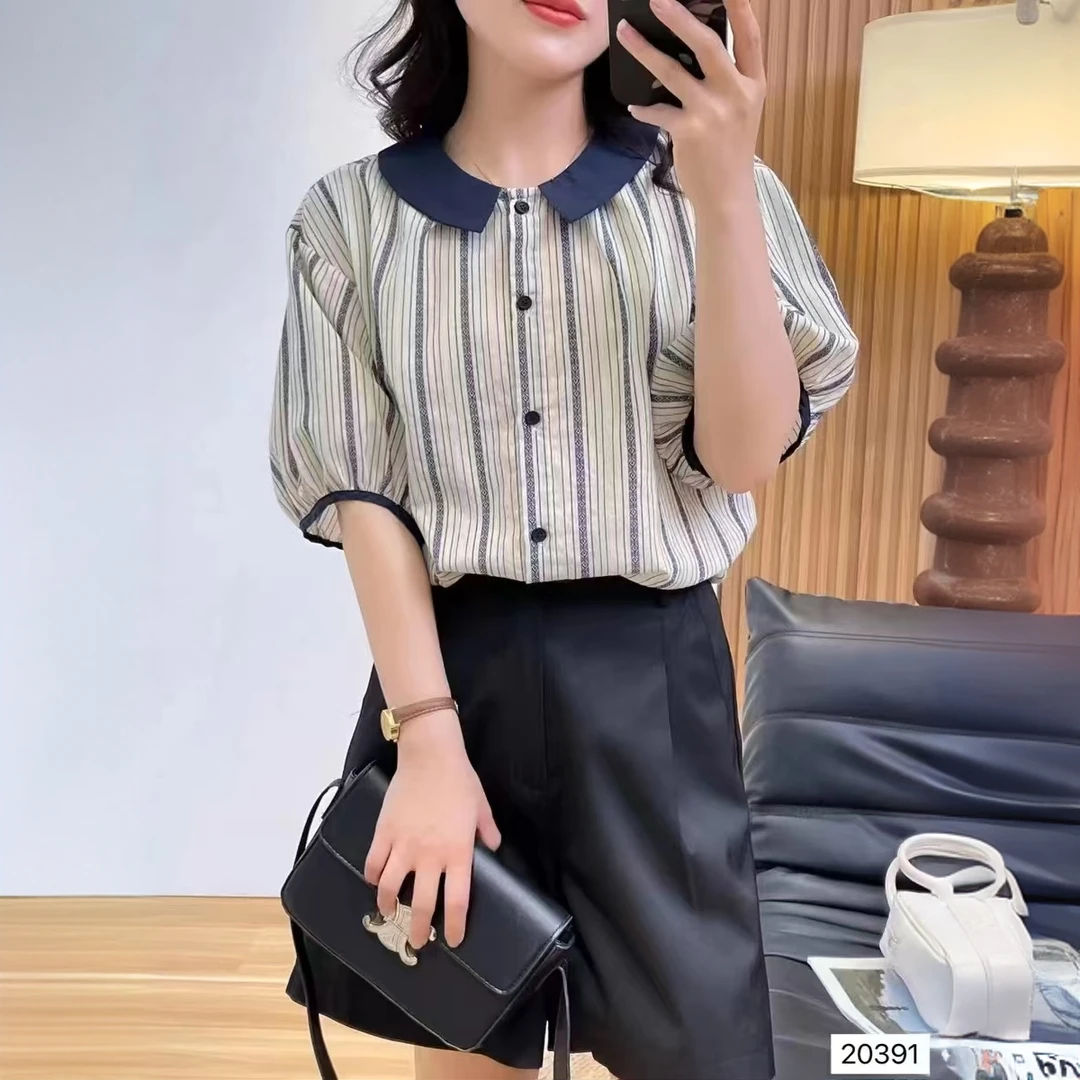 6118法式小香风条纹短袖衬衫女2025春夏新款装设计感宽松显瘦上衣