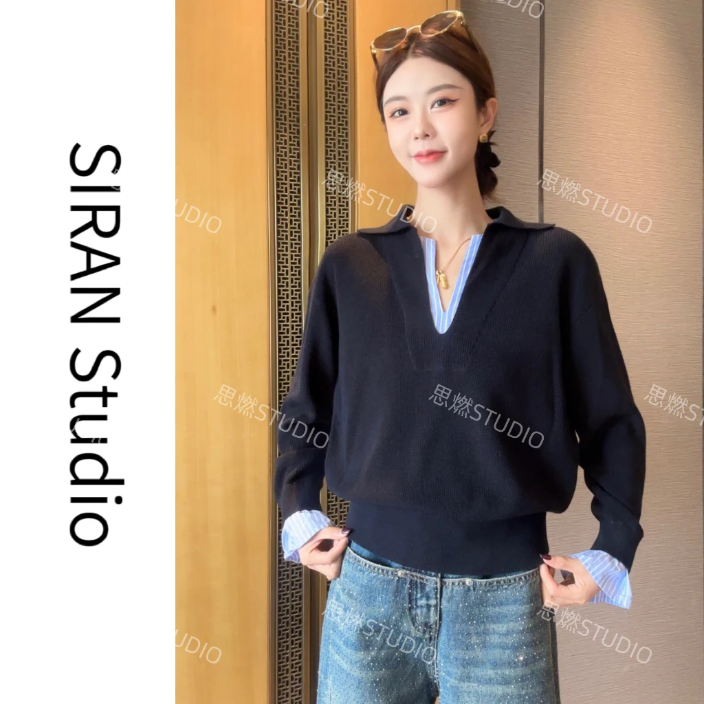 [SIRAN]2025早春小众设计款假两件撞色拼接条纹针织衫