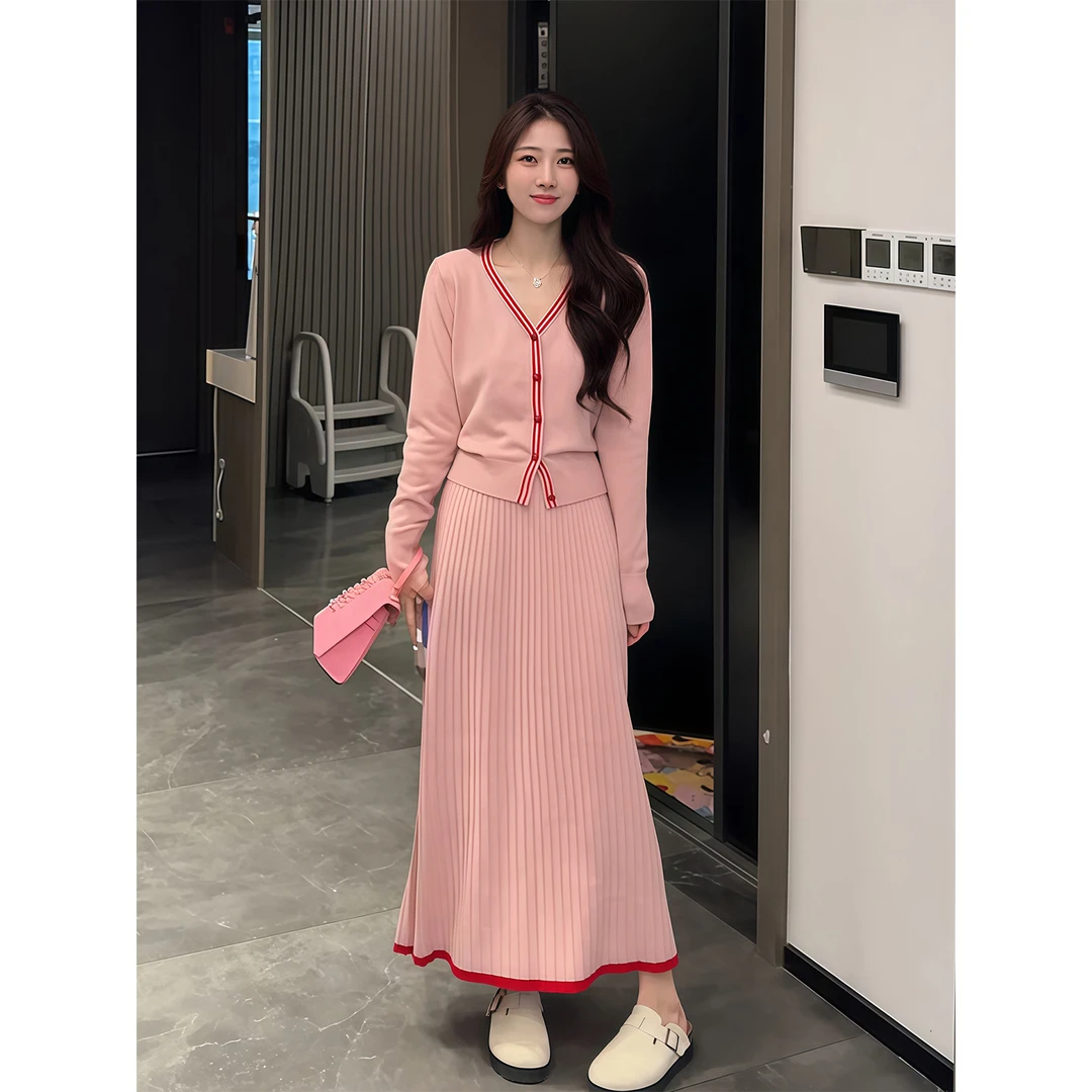 纯欲气质V领单排扣长袖开衫女早秋新款修身显瘦半身裙针织两件套