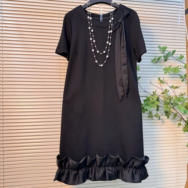 夏季千金风中长款圆领短袖连衣裙夏装拼接收腰女装时尚气质