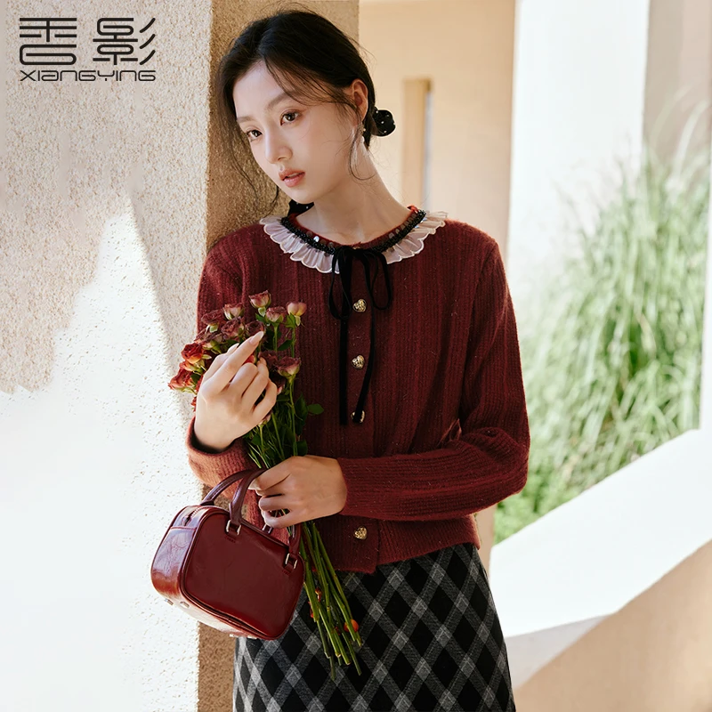 M85A646针织衫 香影复古酒红色针织开衫女秋季新款宽松蝴蝶结系带