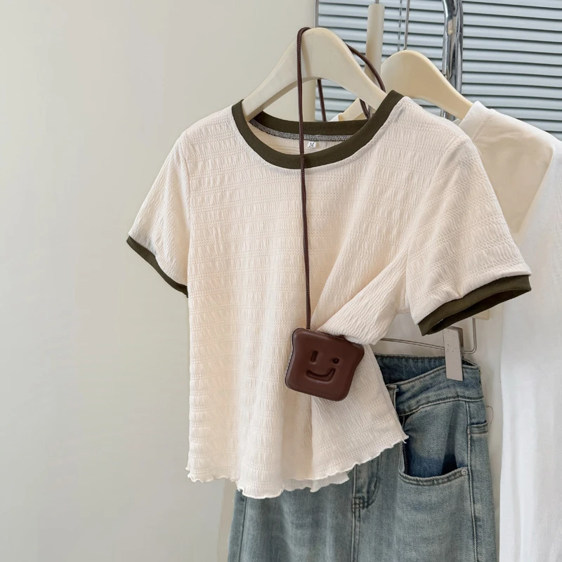 杏色正肩短袖T恤女夏季2025春秋新款木耳边显瘦圆领体恤短款上衣