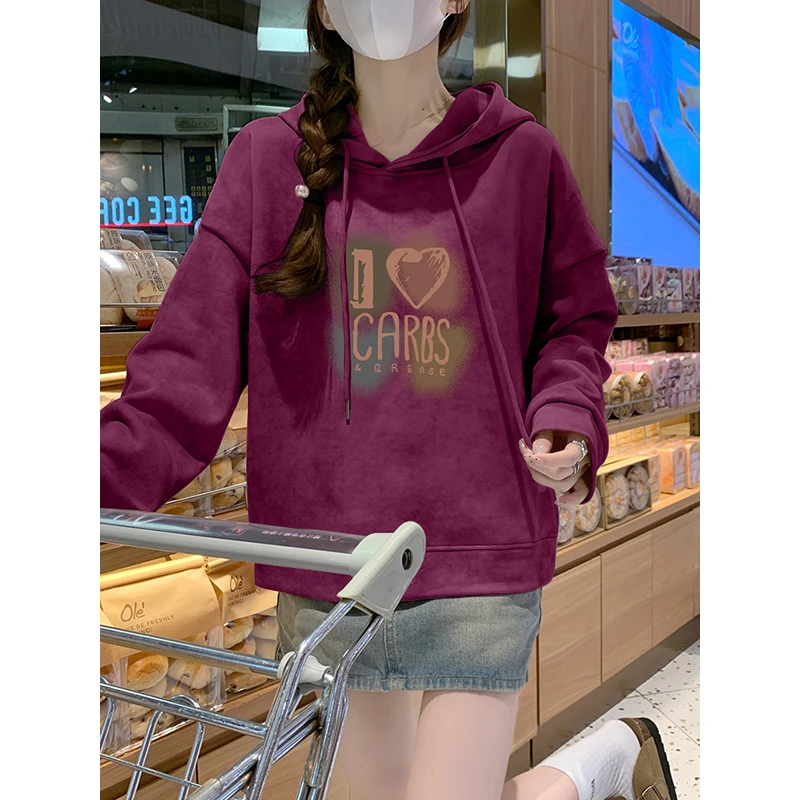 秋冬新款加绒加厚美式扎染短款连帽灰色卫衣女小个子套头宽松外套