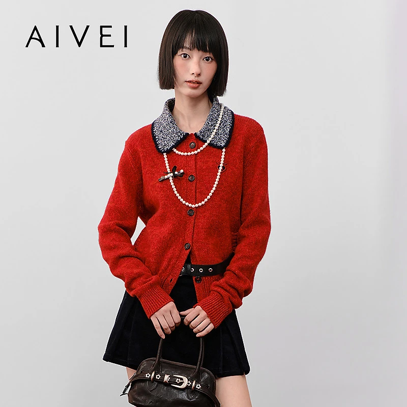 AIVEI欣贺艾薇2026春季新少女学院温柔气质撞色针织开衫XSV1M14C