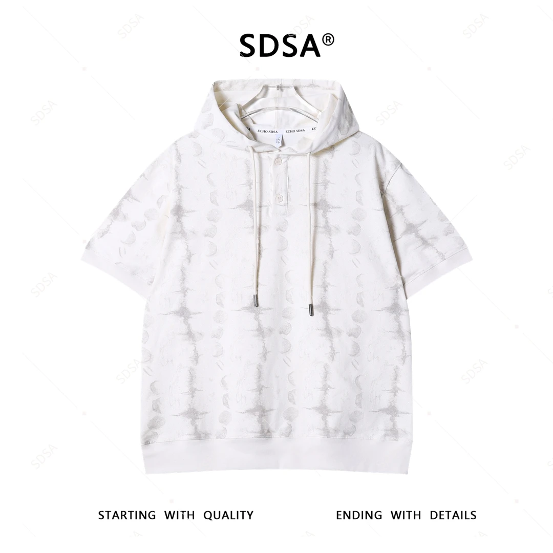 SDSA夏季新款男士痞帅撞色满天星半纽扣连帽短袖T恤抽绳设计百搭