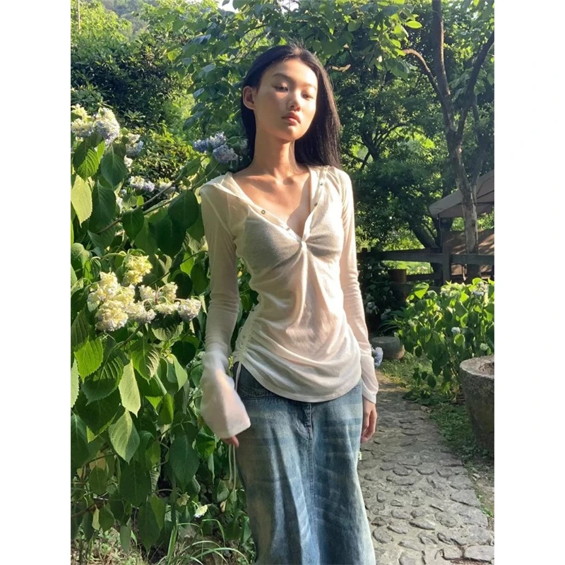 辣妹v领连帽防晒衣女款夏季薄纱长袖罩衫修身微透t恤褶皱抽绳上衣