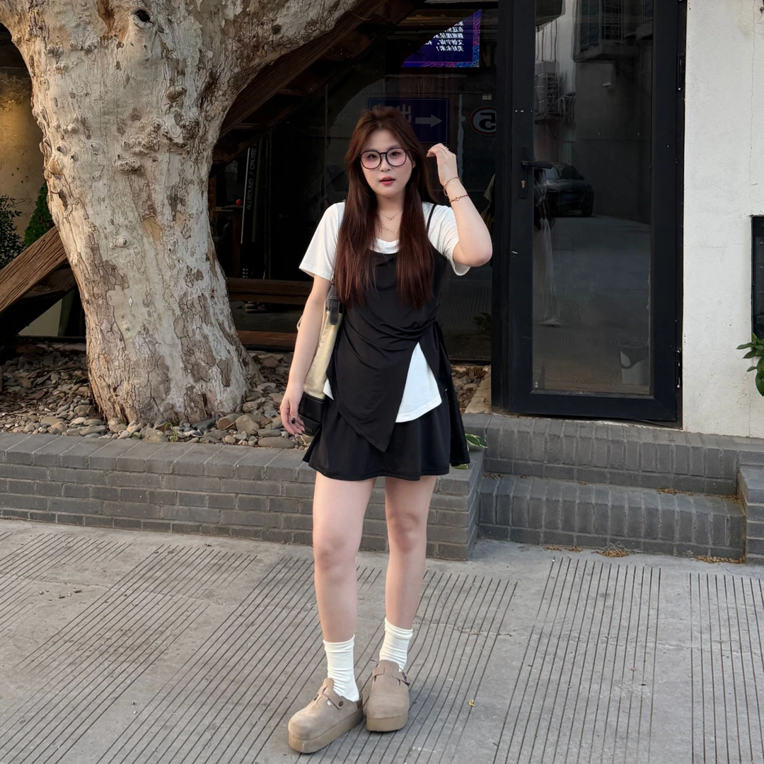 盈盈&南岛风大码女装假两件上衣夏季胖mm宽松显瘦半裙套装ZYY1610