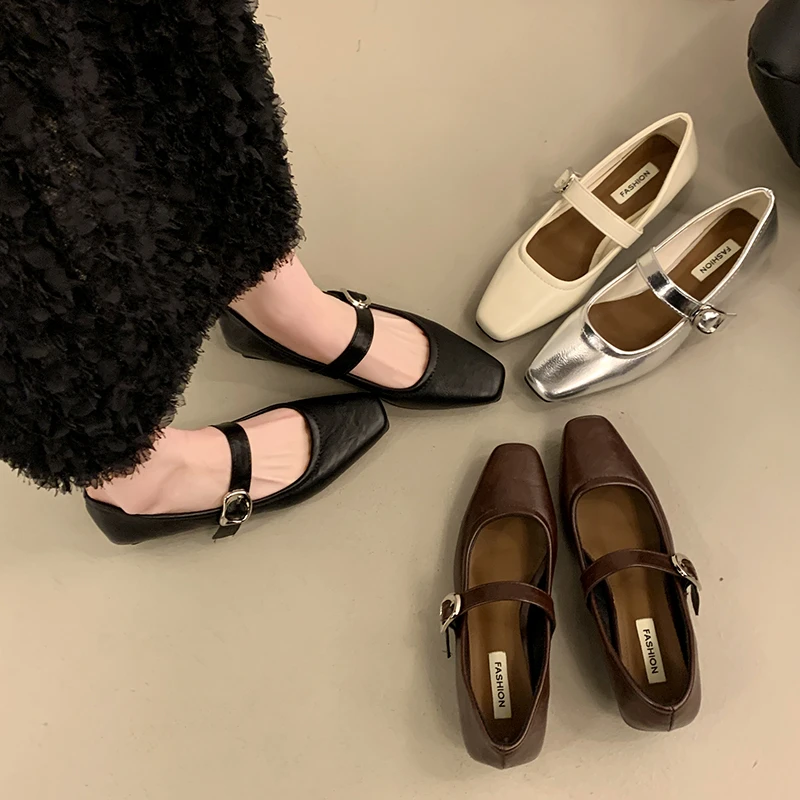 法式复古银色方头气质浅口单鞋珍鞋2025一字新款裙子玛丽皮鞋