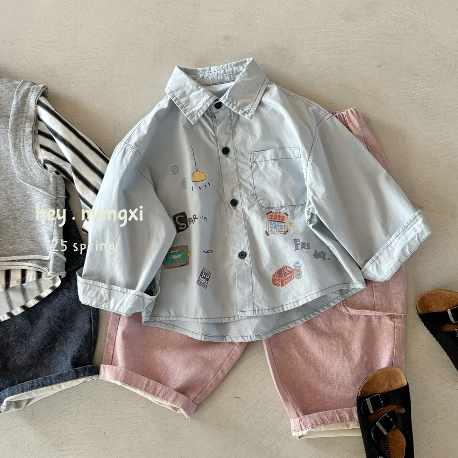 【萌希M232】2025年春款雾霾蓝涂鸦男童衬衫