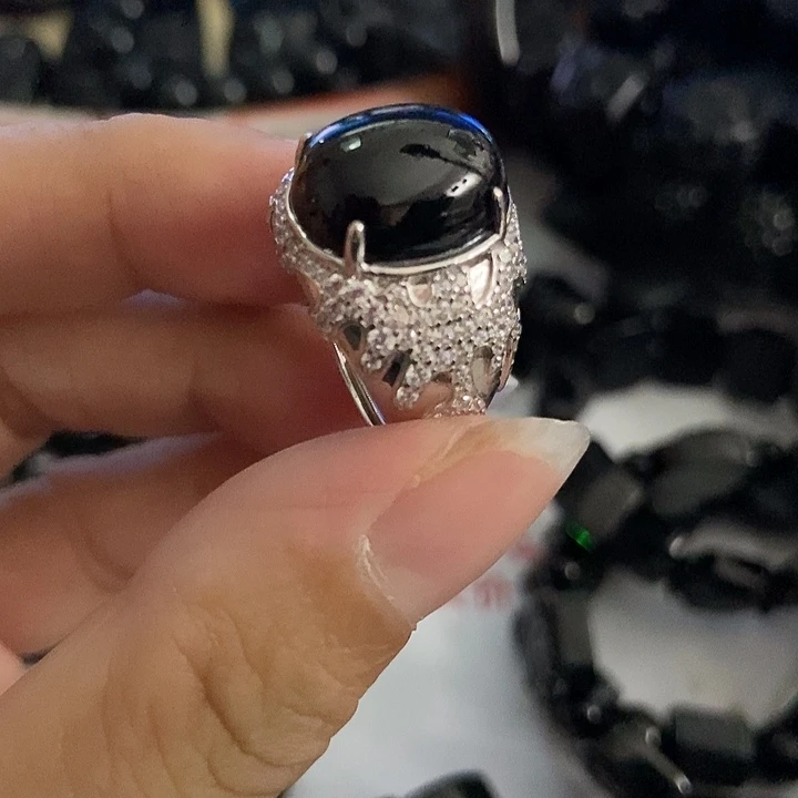 翡翠银S925镶嵌戒指墨翠