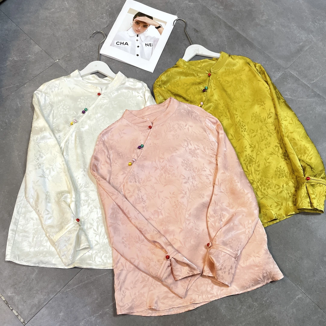 【彩扣】女衬衫打底时尚百搭款宽松黄袖子款气质小衫通勤网红3012