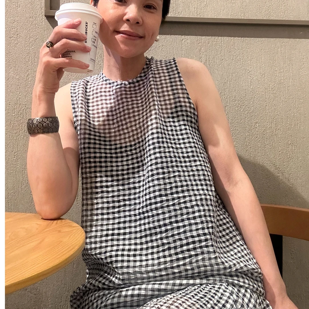 杨太精选【黑白格子背心】气质时尚通勤百搭黑白无袖长款格纹上衣