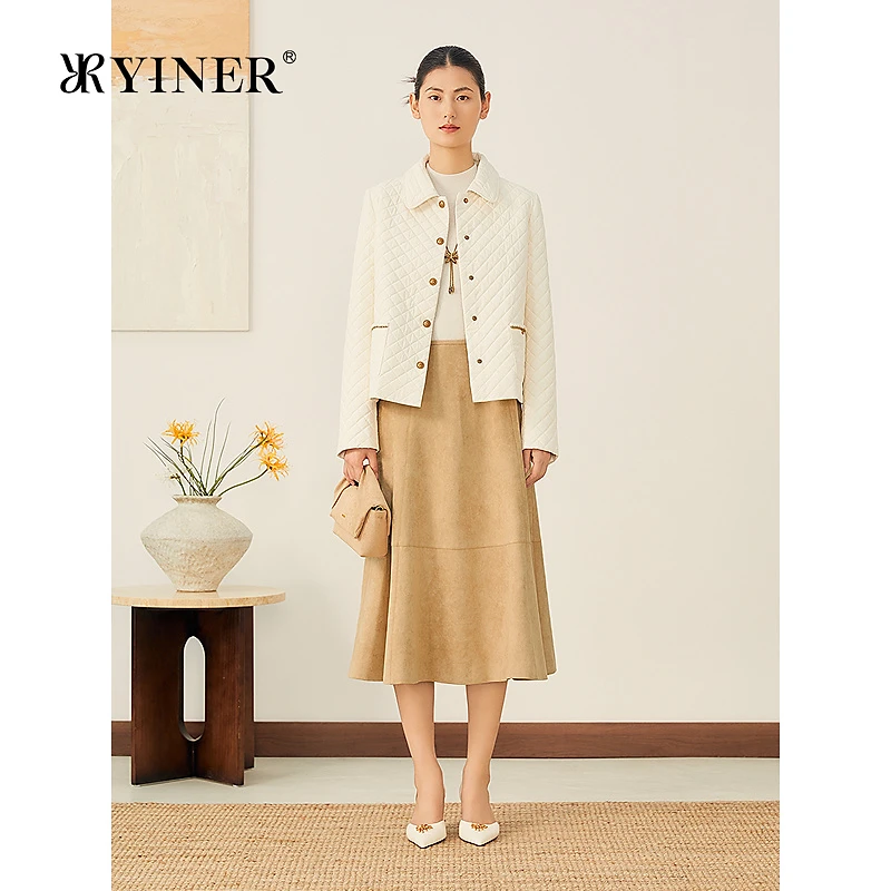 YINER音儿2025秋季新款法式小香风轻薄保暖翻领菱格纹短外套