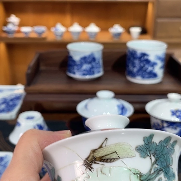 家****手工粉彩草虫盖碗杯