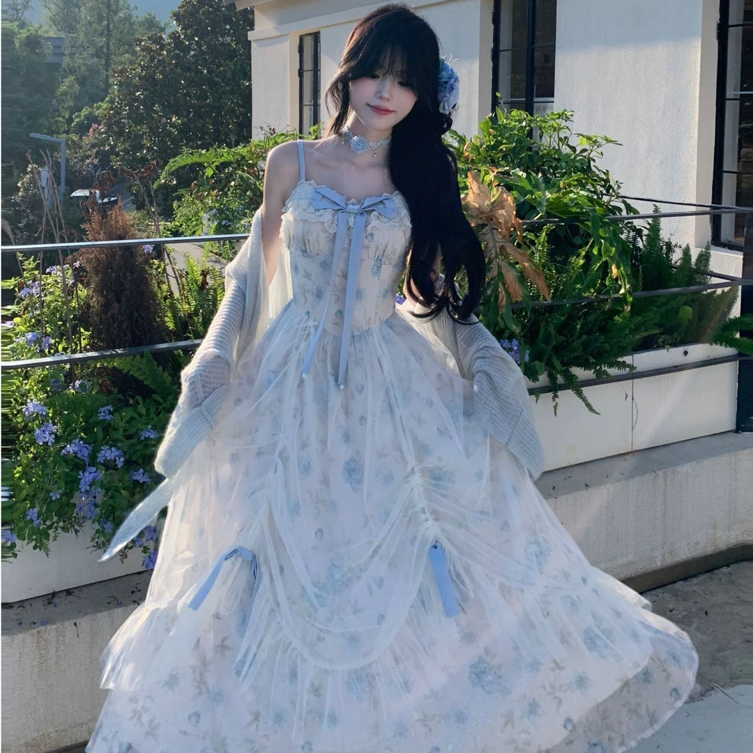 Blovelan幽兰浮梦 超仙温柔风甜美碎花网纱吊带连衣裙
