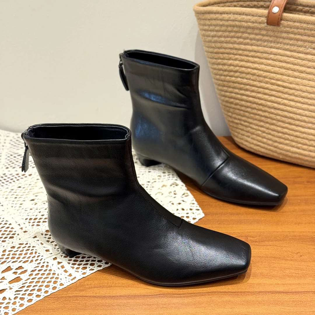 韩版中跟复古后拉链短靴女2025新款秋方头舒适百搭洋气粗跟瘦瘦靴