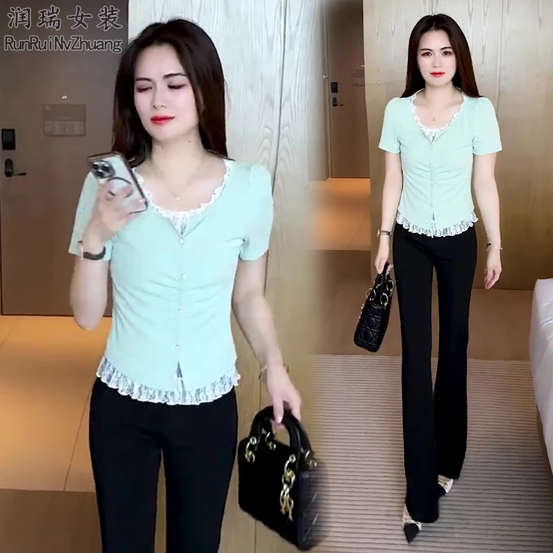 蕾丝拼接短袖套装女2025夏季新款洋气圆领上衣喇叭裤长裤两件套潮