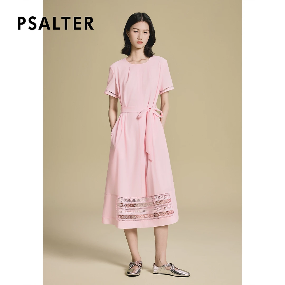 诗篇专选粉色花边镂空拼接收腰显瘦系带连衣裙2025夏季新款