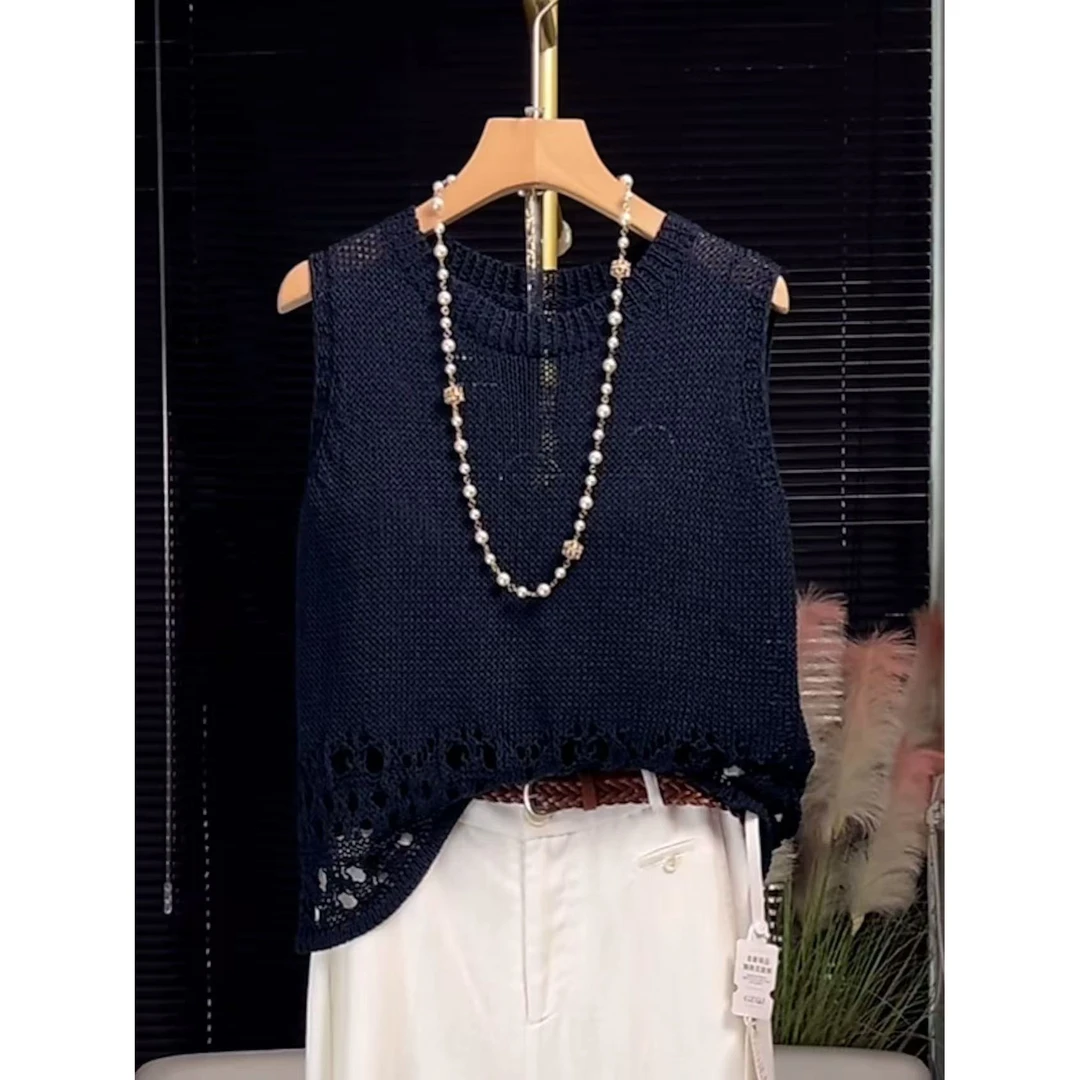 无袖针织背心女2025夏季新款韩版镂空圆领宽松洋气罩衫蓝色上衣潮